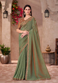 Monjolika Fashion Olive Green Georgette Border Work Wear Saree - Distacart
