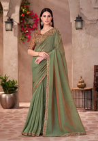 Monjolika Fashion Olive Green Georgette Border Work Wear Saree - Distacart