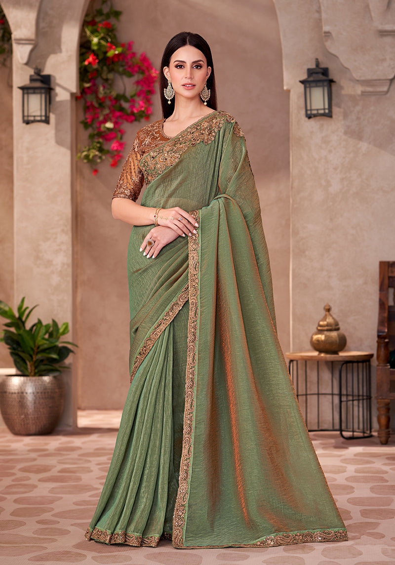 Monjolika Fashion Olive Green Georgette Border Work Wear Saree - Distacart