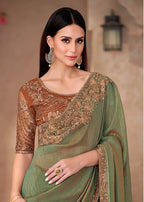 Monjolika Fashion Olive Green Georgette Border Work Wear Saree - Distacart