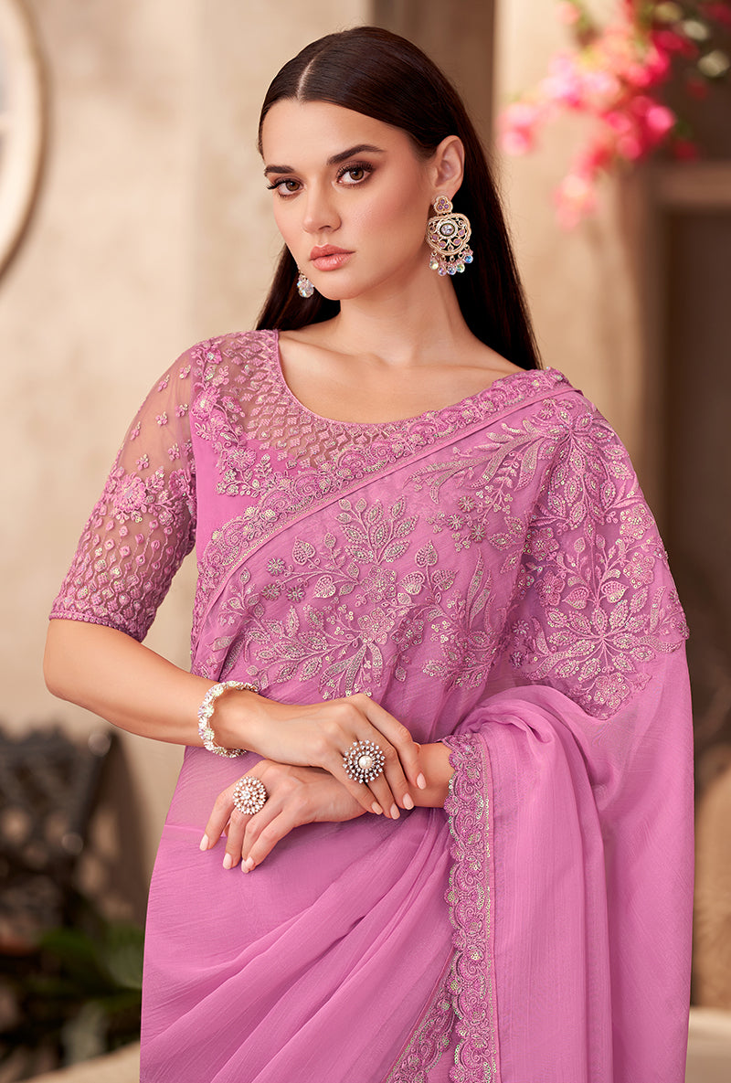 Monjolika Fashion Pink Color Embroidery Work Chiffon Silk Party Wear Saree - Distacart