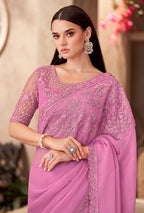 Monjolika Fashion Pink Color Embroidery Work Chiffon Silk Party Wear Saree - Distacart