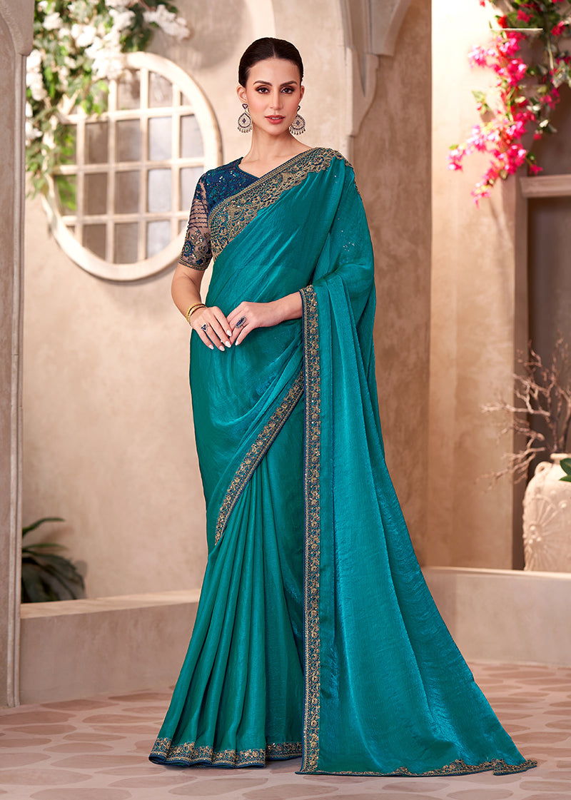 Monjolika Fashion Teal Color Embroidery Work Chiffon Silk Party Wear Saree - Distacart