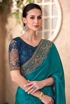 Monjolika Fashion Teal Color Embroidery Work Chiffon Silk Party Wear Saree - Distacart