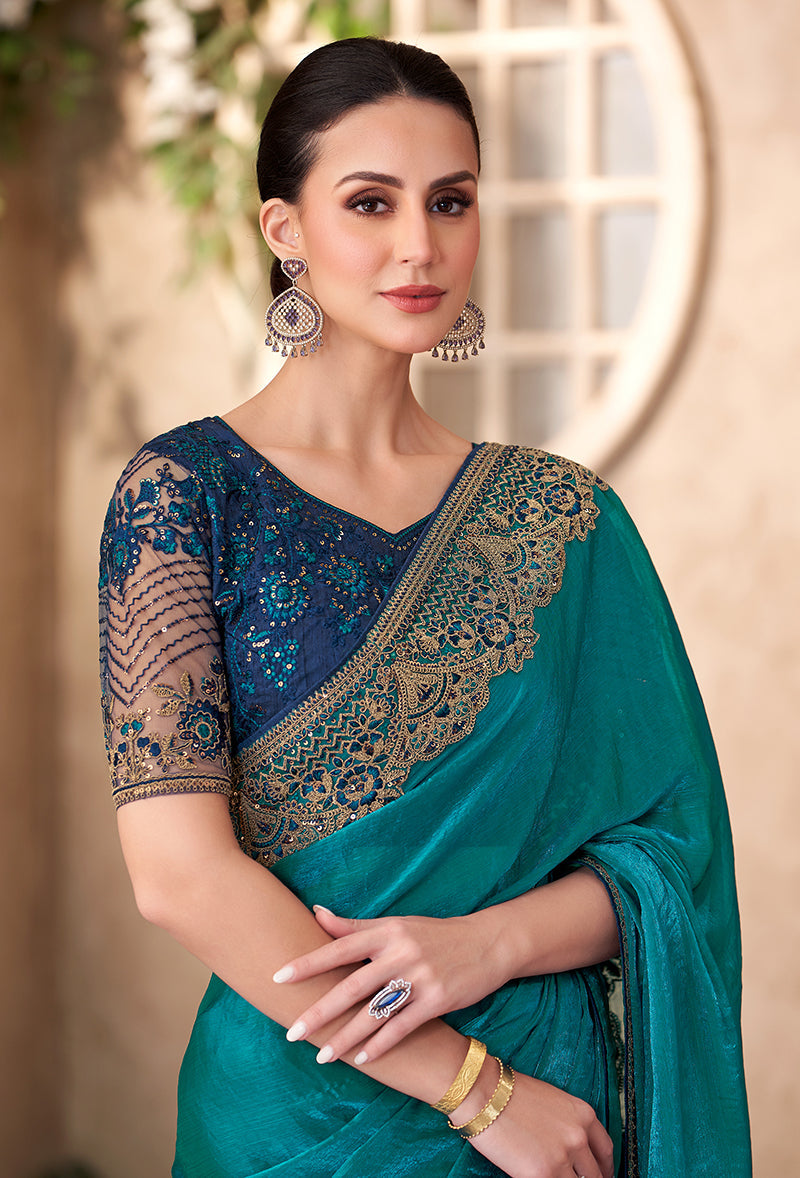 Monjolika Fashion Teal Color Embroidery Work Chiffon Silk Party Wear Saree - Distacart