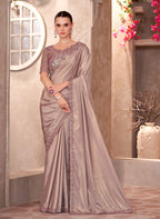 Monjolika Fashion Beige Color Embroidery Work Shimmer Silk Party Wear Saree - Distacart