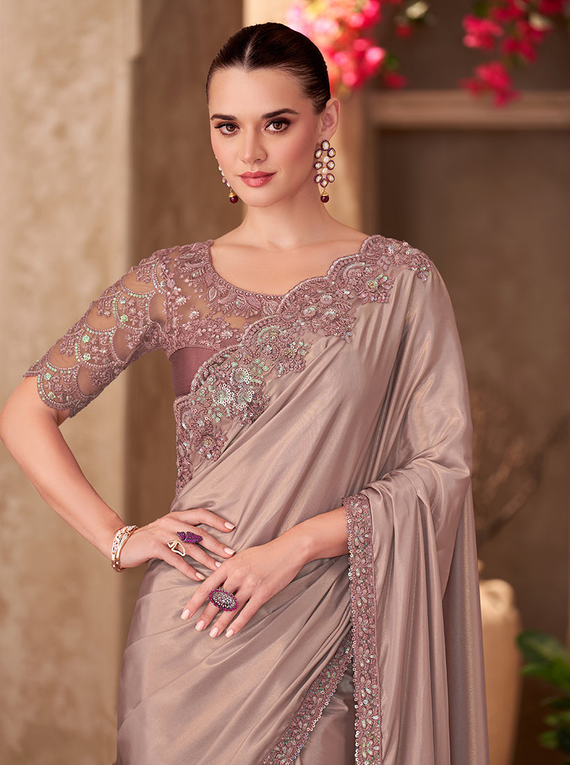 Monjolika Fashion Beige Color Embroidery Work Shimmer Silk Party Wear Saree - Distacart