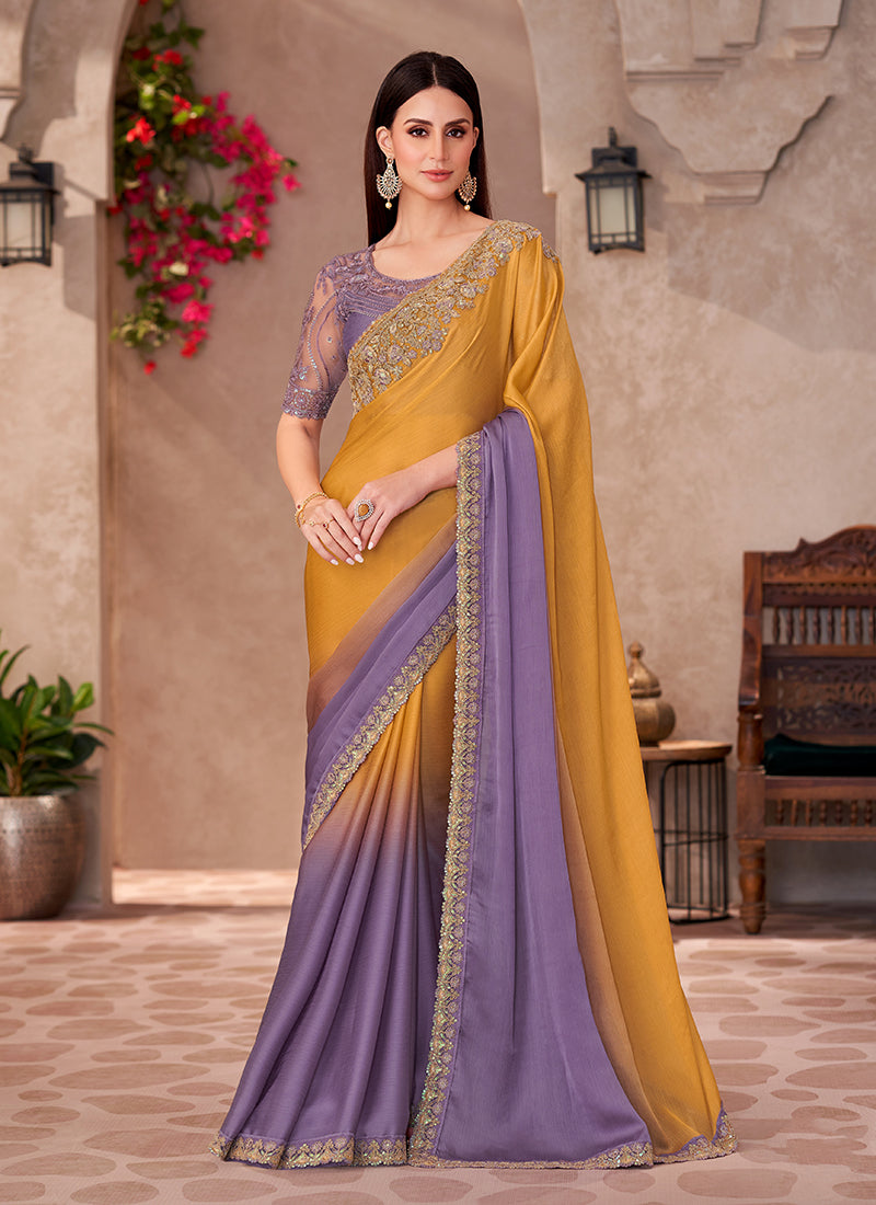 Monjolika Fashion Mustard & Lavender Purple Embroidery Work Chiffon Silk Party Wear Saree - Distacart