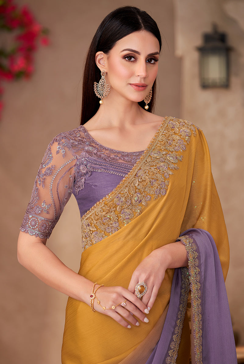 Monjolika Fashion Mustard & Lavender Purple Embroidery Work Chiffon Silk Party Wear Saree - Distacart