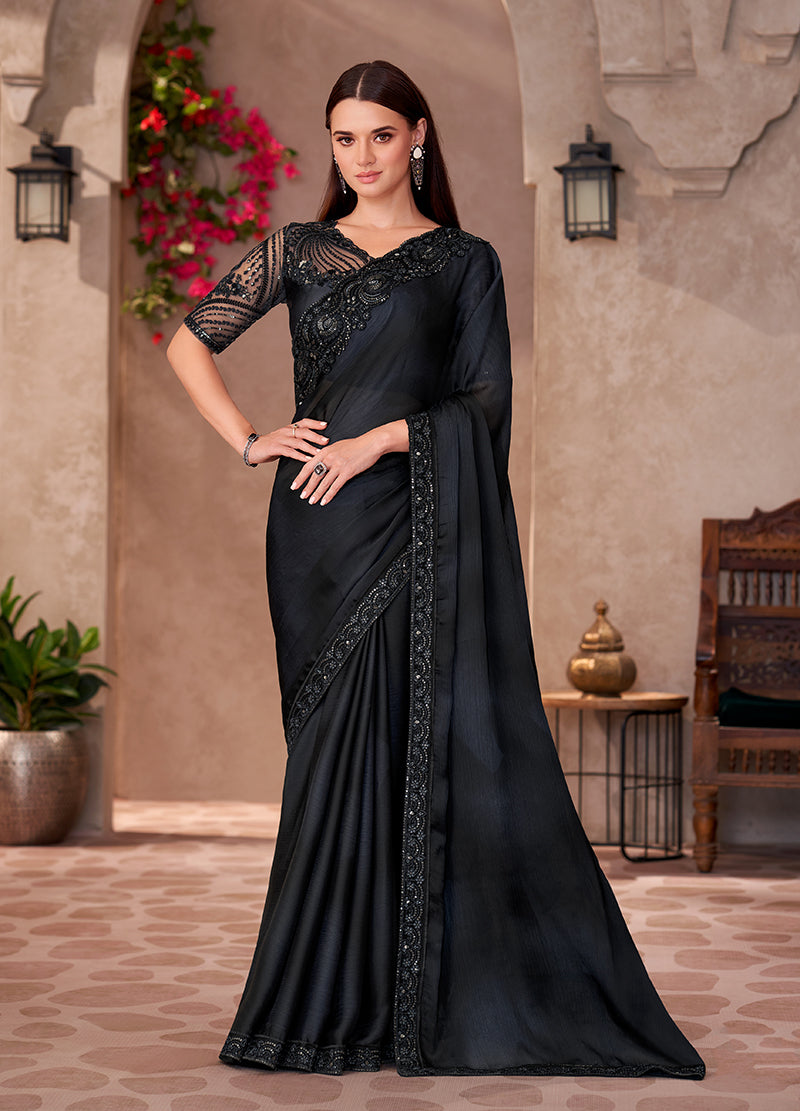 Monjolika Fashion Black Color Embroidery Work Chiffon Silk Party Wear Saree - Distacart