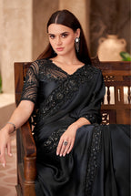 Monjolika Fashion Black Color Embroidery Work Chiffon Silk Party Wear Saree - Distacart