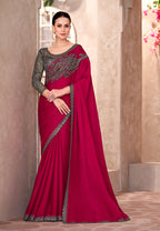 Monjolika Fashion Raspberry Color Embroidery Work Chiffon Silk Party Wear Saree - Distacart