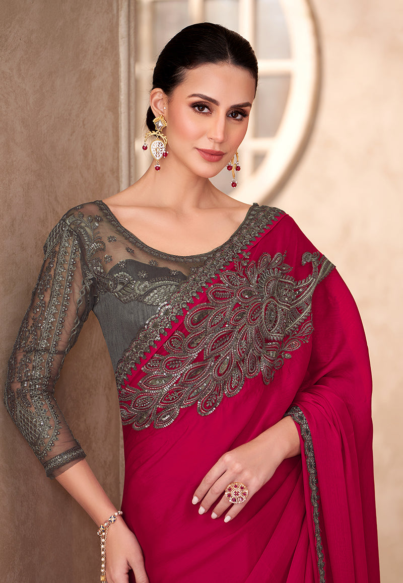 Monjolika Fashion Raspberry Color Embroidery Work Chiffon Silk Party Wear Saree - Distacart