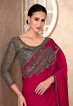 Monjolika Fashion Raspberry Color Embroidery Work Chiffon Silk Party Wear Saree - Distacart