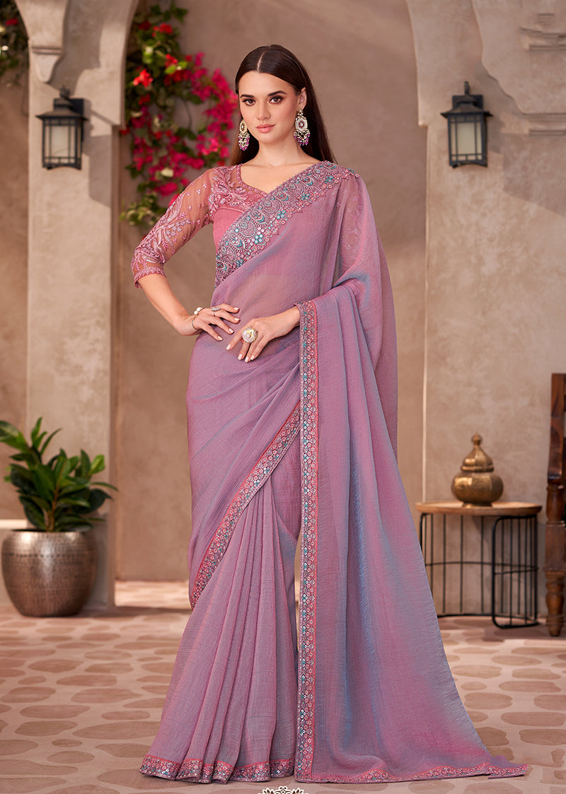 Monjolika Fashion Mauve Pink Georgette Embroidered Border Work Function Wear Saree - Distacart