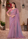 Monjolika Fashion Mauve Pink Georgette Embroidered Border Work Function Wear Saree - Distacart