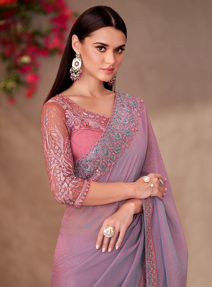 Monjolika Fashion Mauve Pink Georgette Embroidered Border Work Function Wear Saree - Distacart
