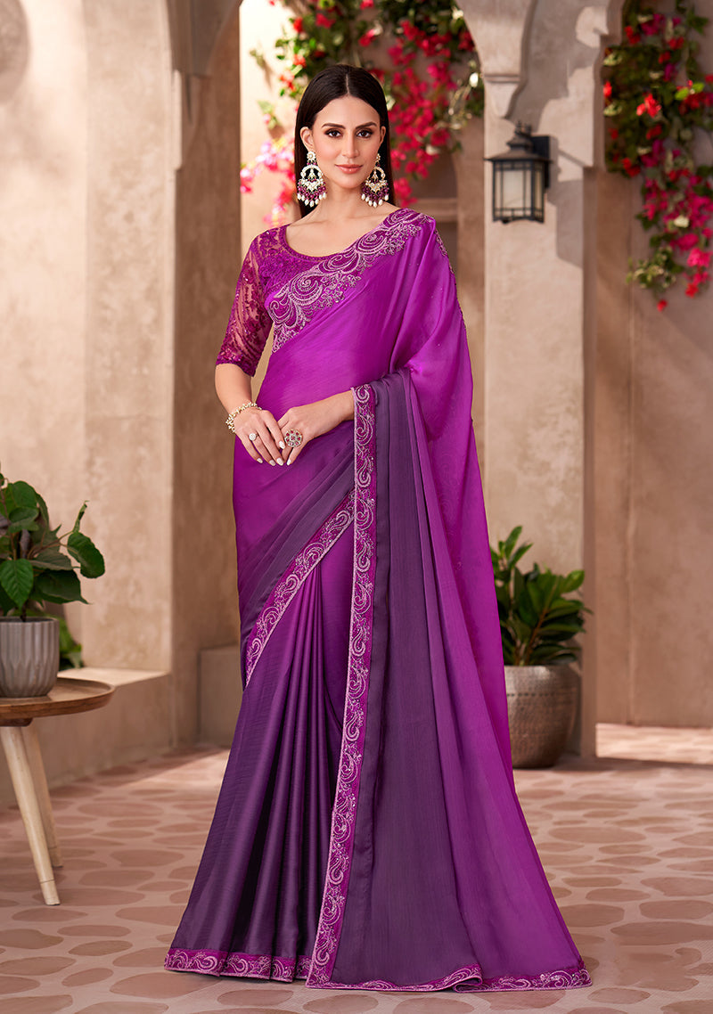 Monjolika Fashion Purple Color Embroidery Work Chiffon Silk Party Wear Saree - Distacart