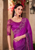 Monjolika Fashion Purple Color Embroidery Work Chiffon Silk Party Wear Saree - Distacart