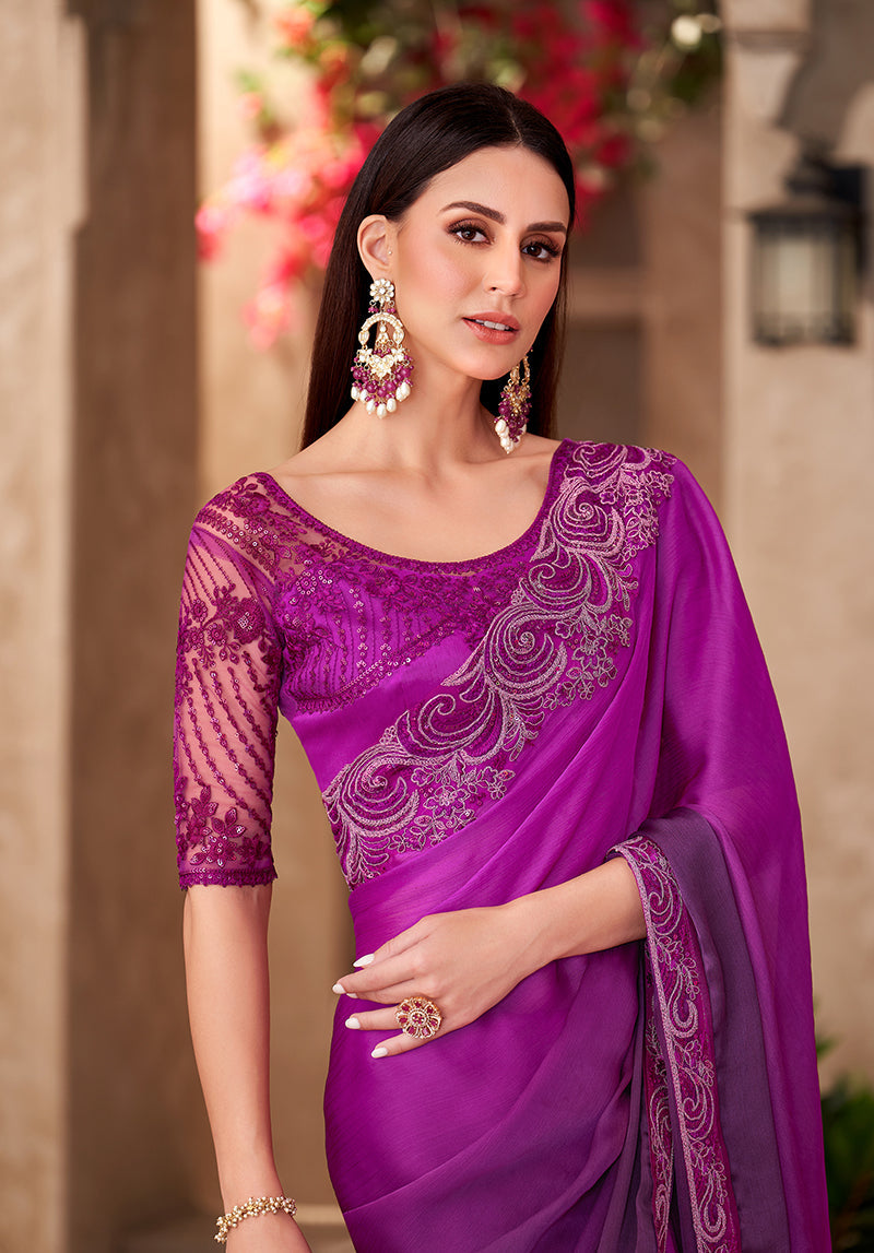 Monjolika Fashion Purple Color Embroidery Work Chiffon Silk Party Wear Saree - Distacart