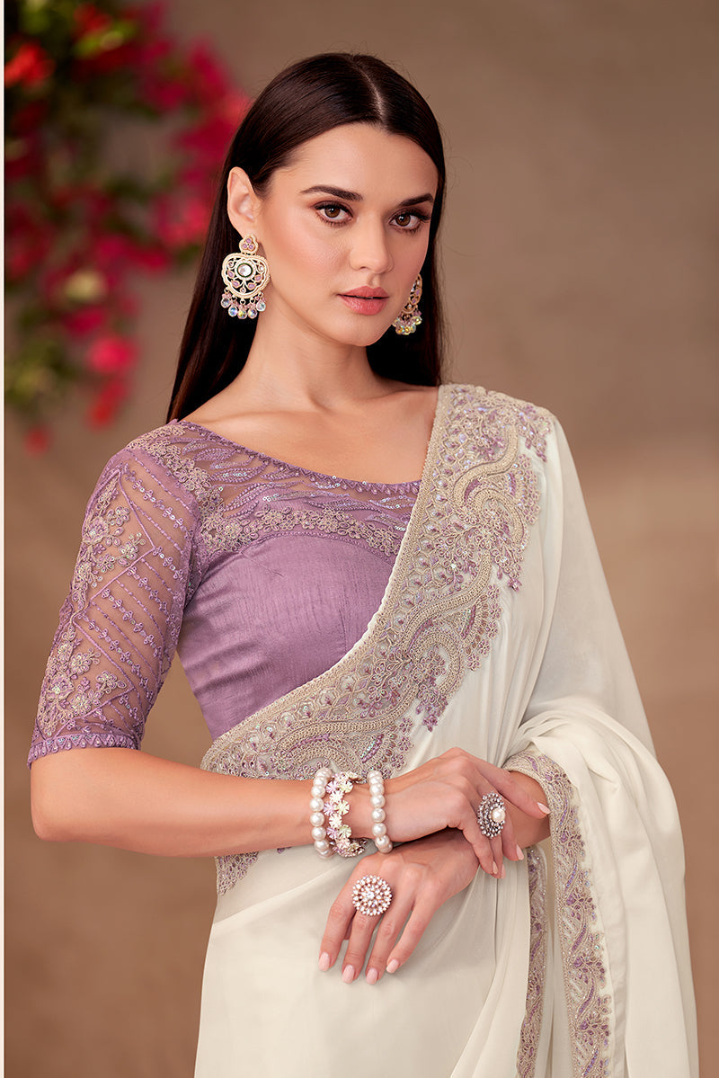 Monjolika Fashion White Georgette Embroidered Border Work Party Wear Saree - Distacart