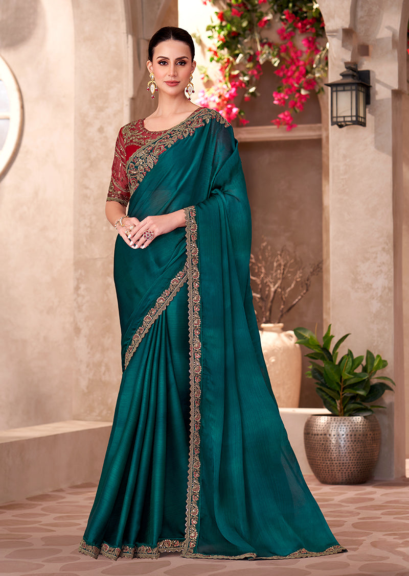 Monjolika Fashion Teal Green Color Embroidery Work Chiffon Silk Party Wear Saree - Distacart