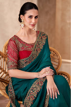 Monjolika Fashion Teal Green Color Embroidery Work Chiffon Silk Party Wear Saree - Distacart