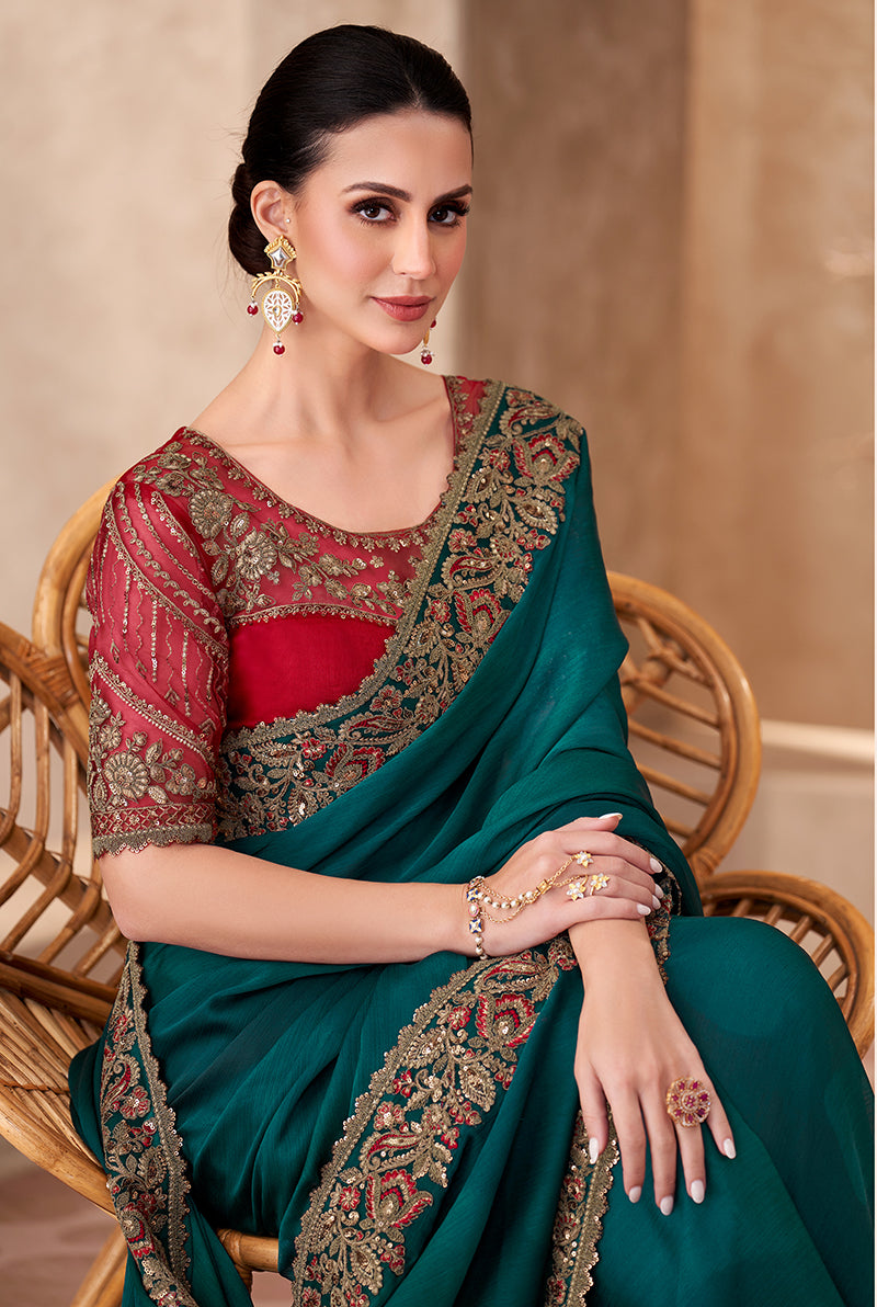 Monjolika Fashion Teal Green Color Embroidery Work Chiffon Silk Party Wear Saree - Distacart