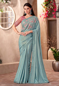 Monjolika Fashion Sky Blue Color Embroidery Work Chiffon Shimmer Silk Party Wear Saree - Distacart