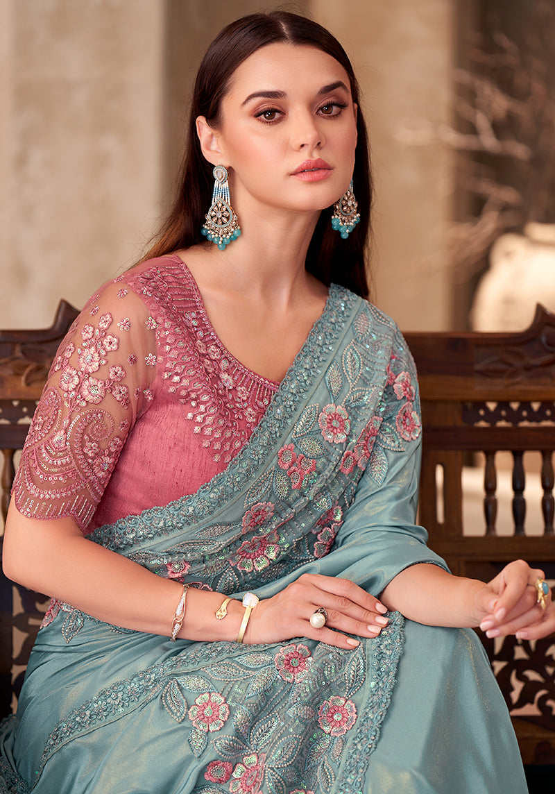 Monjolika Fashion Sky Blue Color Embroidery Work Chiffon Shimmer Silk Party Wear Saree - Distacart
