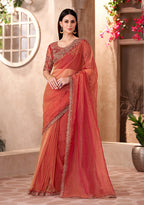 Monjolika Fashion Rust Color Embroidery Work Tissue Silk Party Wear Saree - Distacart