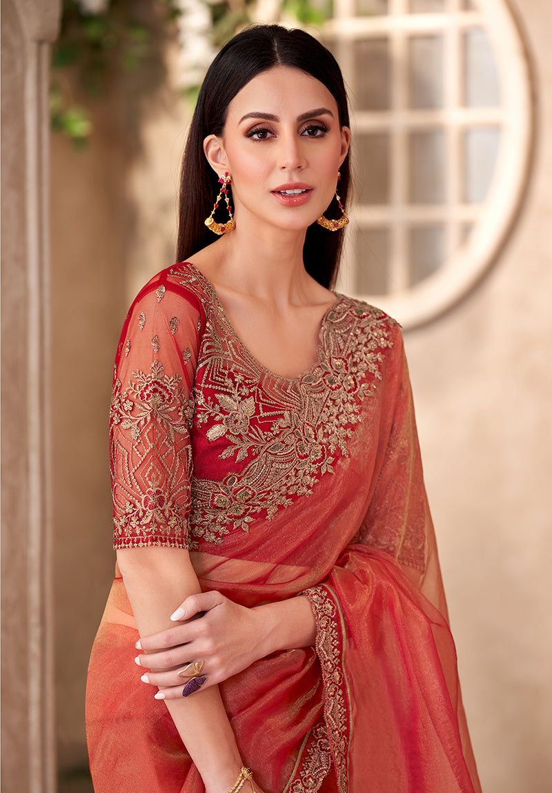 Monjolika Fashion Rust Color Embroidery Work Tissue Silk Party Wear Saree - Distacart
