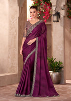 Monjolika Fashion Burgundy Color Embroidery Work Satin Chiffon Party Wear Saree - Distacart