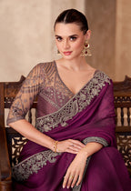 Monjolika Fashion Burgundy Color Embroidery Work Satin Chiffon Party Wear Saree - Distacart