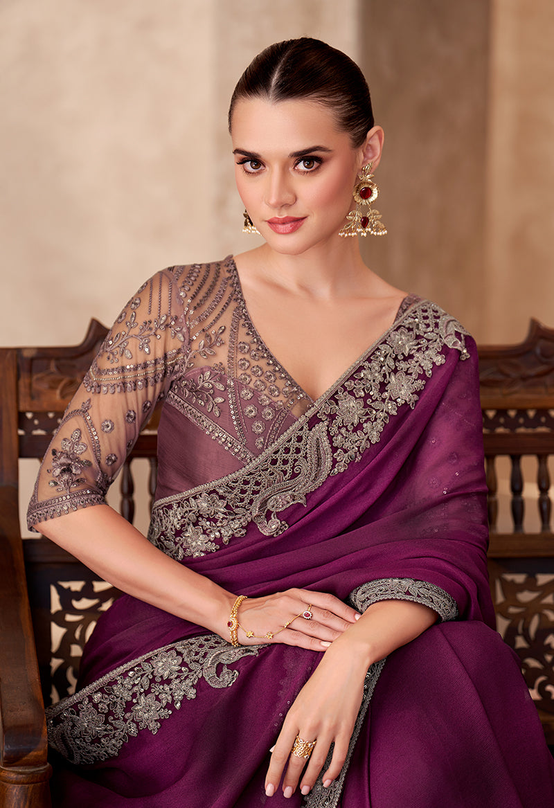 Monjolika Fashion Burgundy Color Embroidery Work Satin Chiffon Party Wear Saree - Distacart