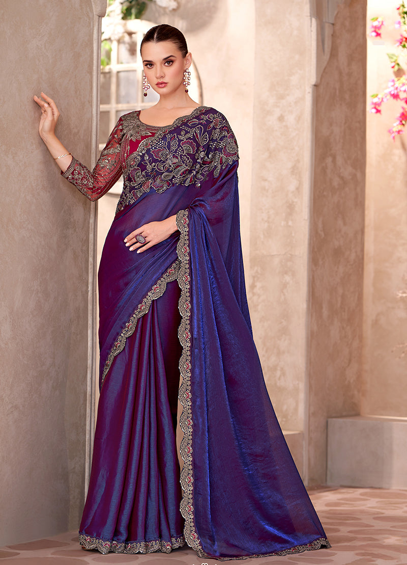 Monjolika Fashion Violet Color Embroidery Work Chiffon Silk Party Wear Saree - Distacart