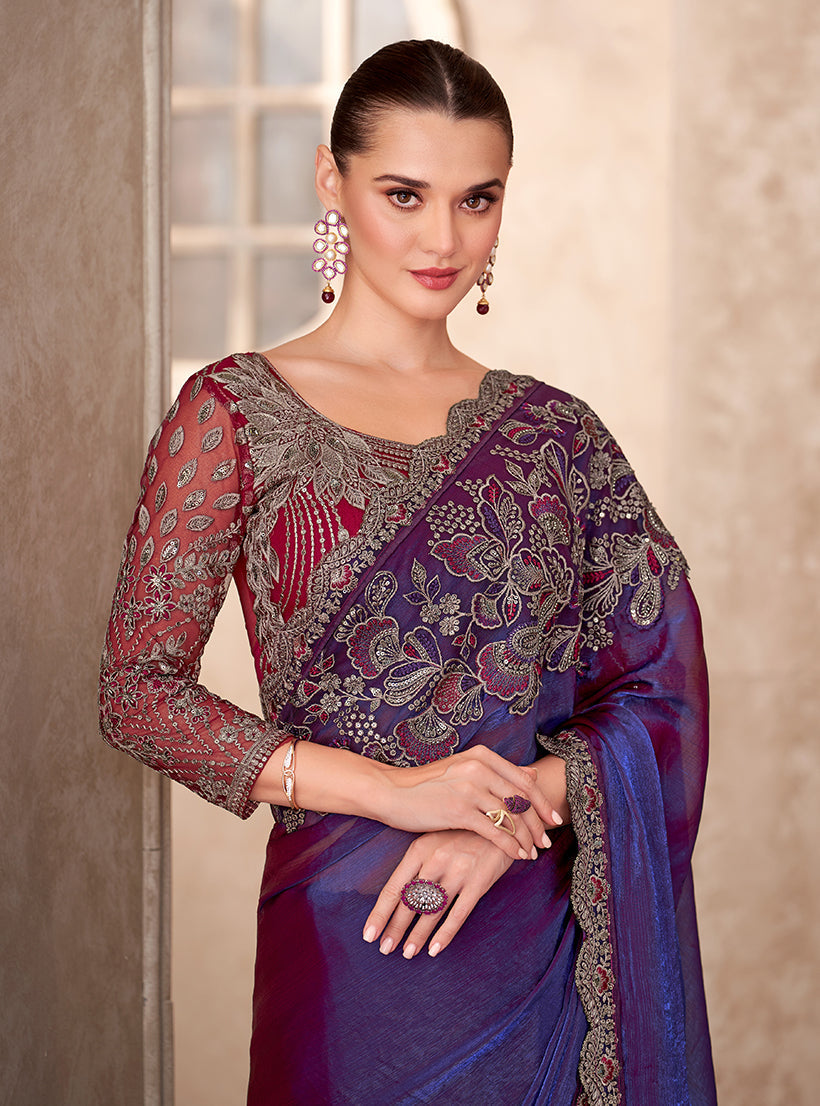 Monjolika Fashion Violet Color Embroidery Work Chiffon Silk Party Wear Saree - Distacart