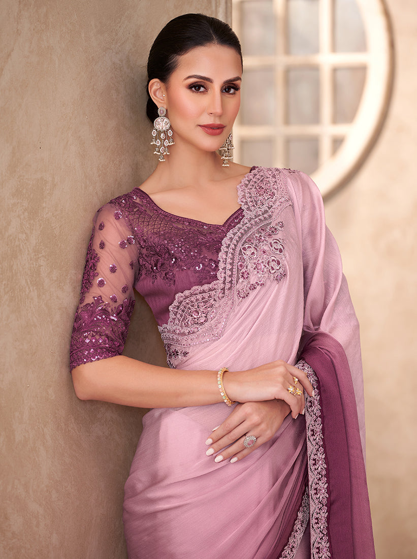 Monjolika Fashion Multicolor Embroidery Work Chiffon Silk Party Wear Saree - Distacart