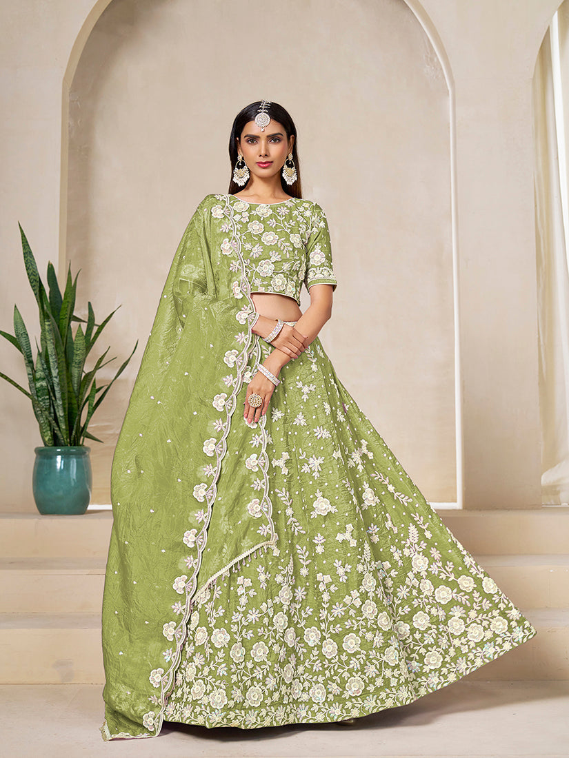 Monjolika Fashion Light Olive Embroidered Crush Organza Lehenga Choli - Distacart