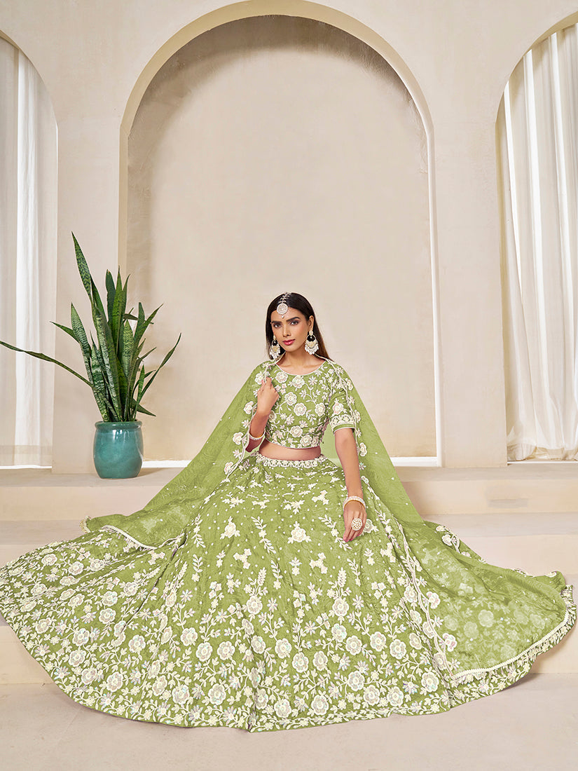 Monjolika Fashion Light Olive Embroidered Crush Organza Lehenga Choli - Distacart