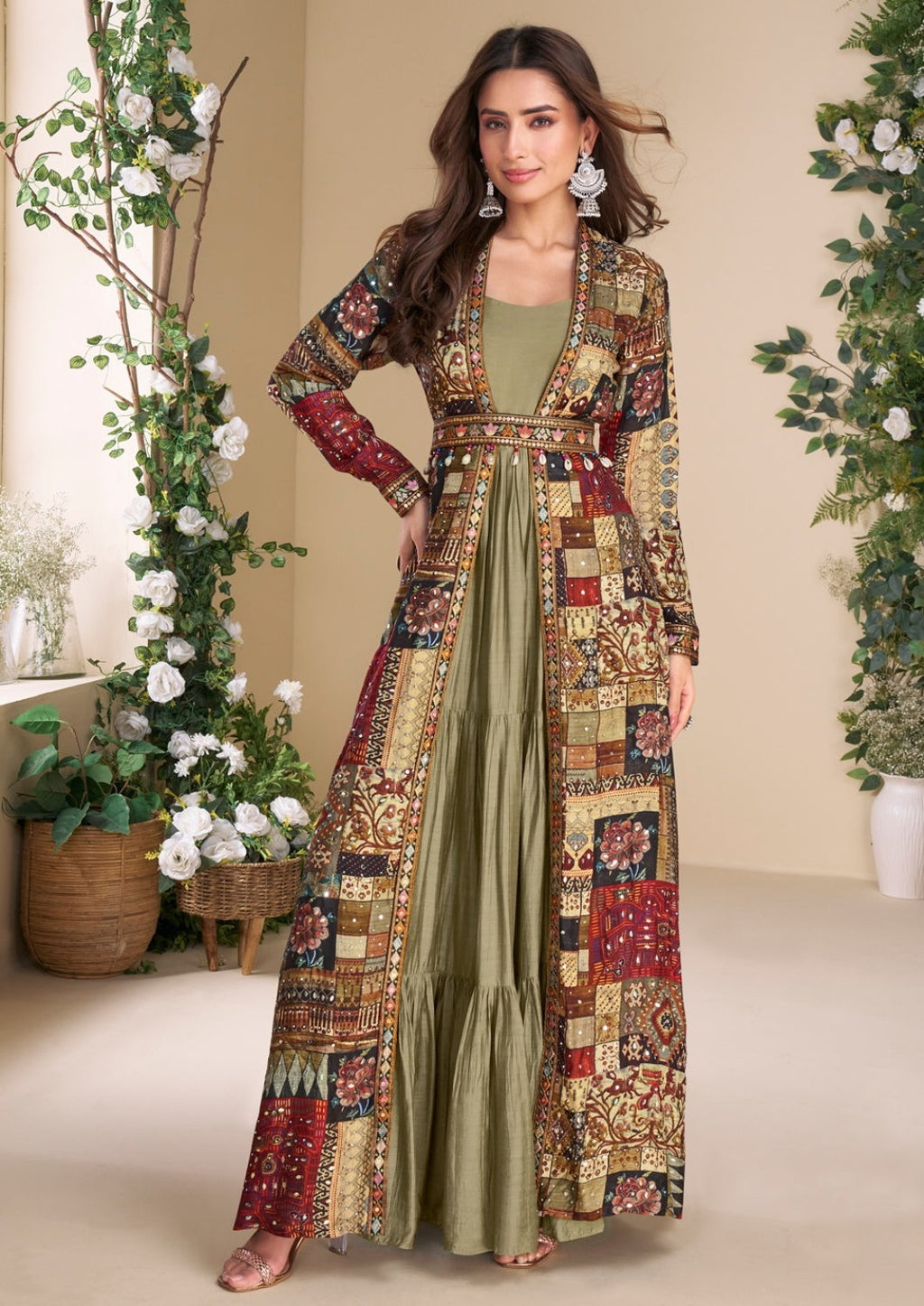 Anaita Olive Heavy Fox Georgette Anarkali Shrug Suit With Silk Print - Distacart