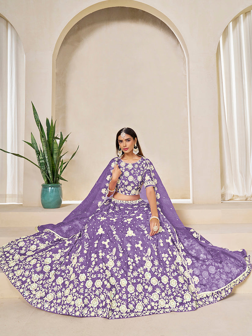 Monjolika Fashion Light Purple Embroidered Crush Organza Lehenga Choli - Distacart