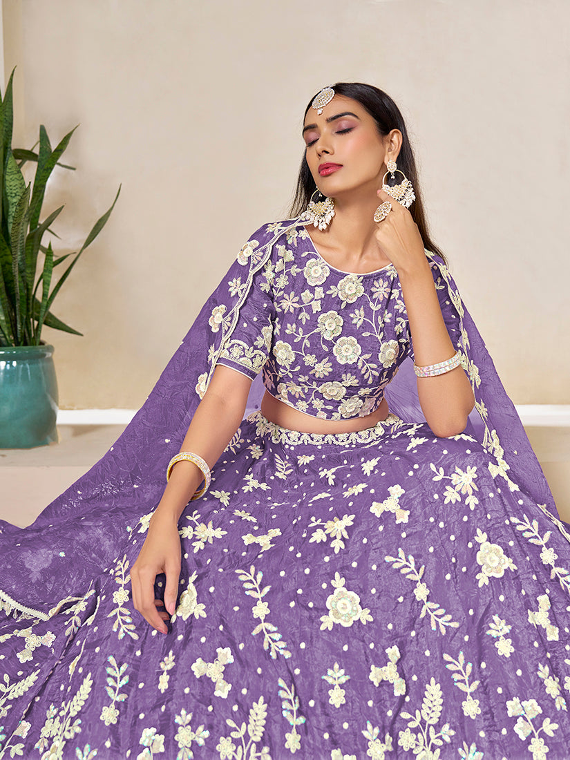 Monjolika Fashion Light Purple Embroidered Crush Organza Lehenga Choli - Distacart