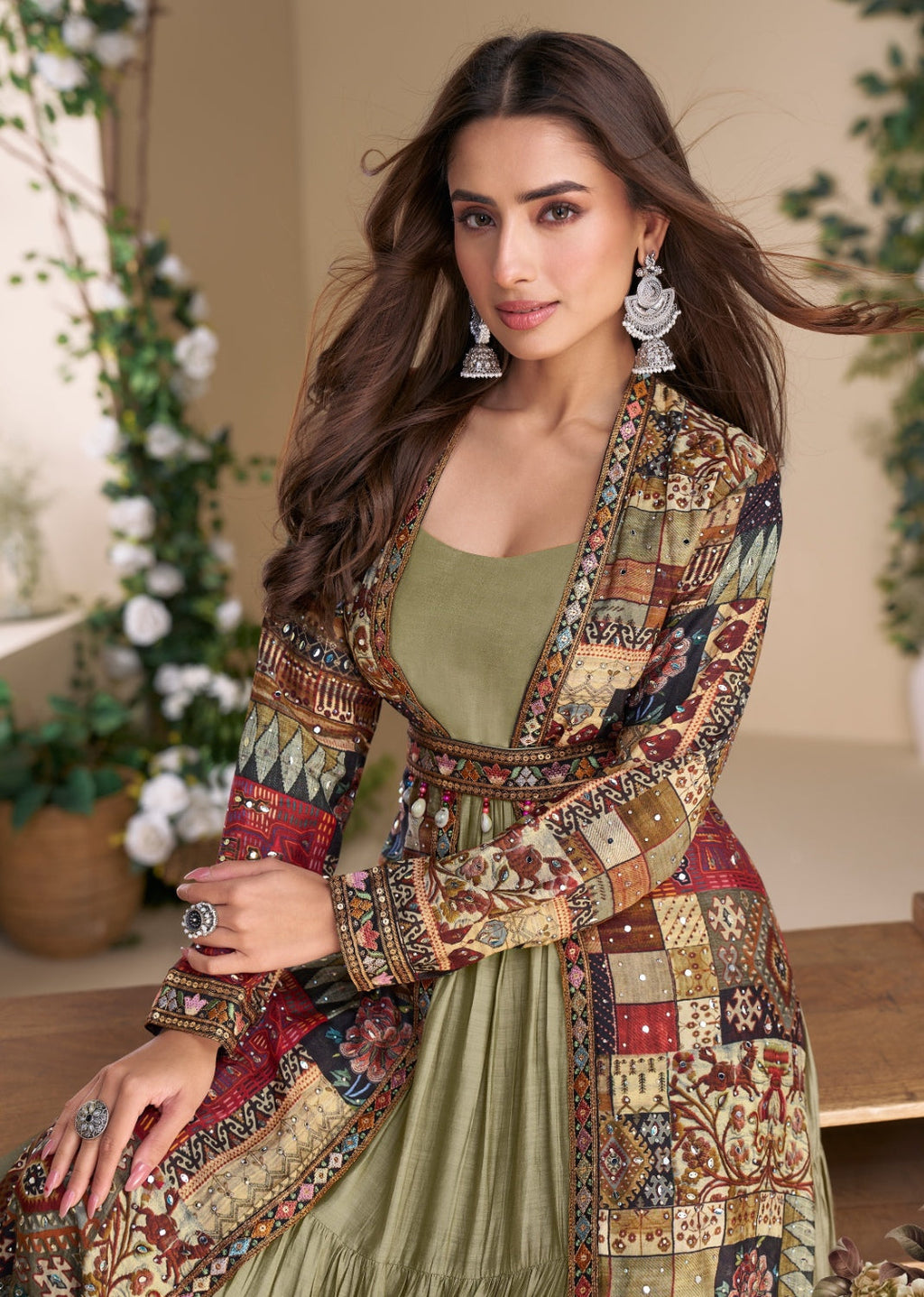 Anaita Olive Heavy Fox Georgette Anarkali Shrug Suit With Silk Print - Distacart