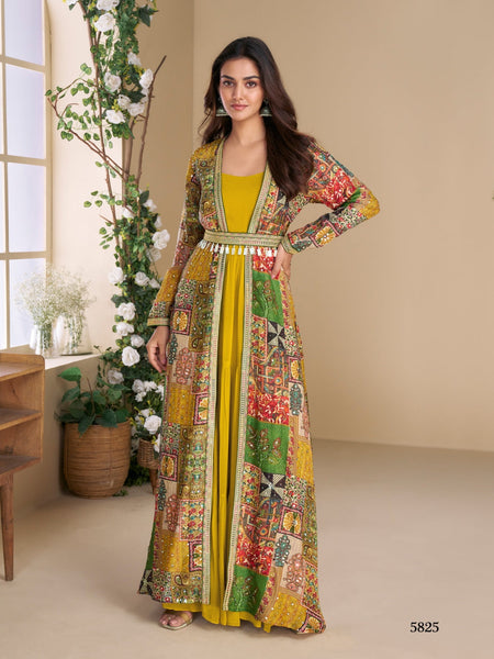 Anaita Yellow Heavy Fox Georgette Anarkali Shrug Suit With Silk Print