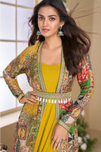 Anaita Yellow Heavy Fox Georgette Anarkali Shrug Suit With Silk Print - Distacart