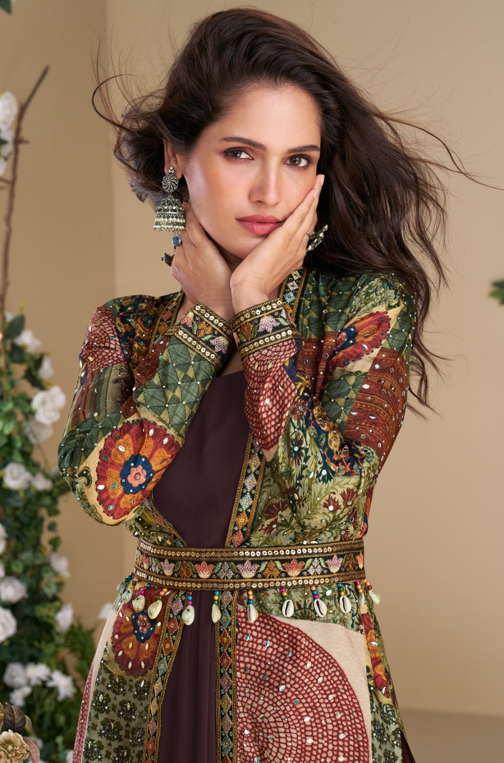 Anaita Brown Heavy Fox Georgette Anarkali Shrug Suit With Silk Print - Distacart