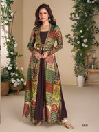 Anaita Brown Heavy Fox Georgette Anarkali Shrug Suit With Silk Print - Distacart