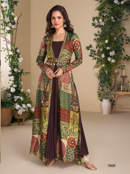 Anaita Brown Heavy Fox Georgette Anarkali Shrug Suit With Silk Print