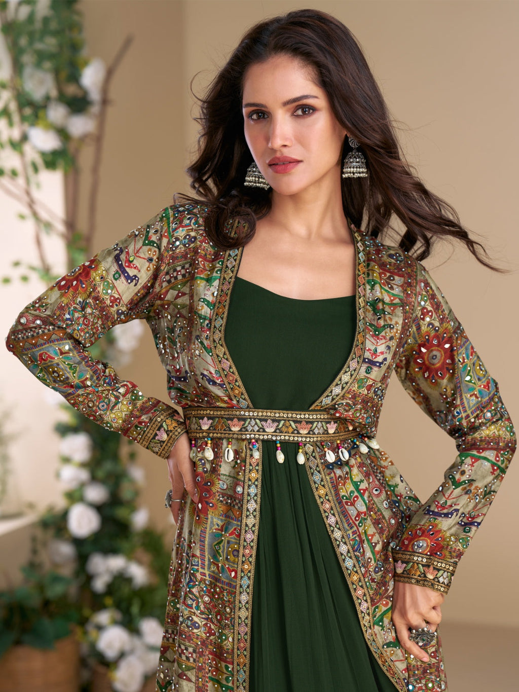 Anaita Dark Green Heavy Fox Georgette Anarkali Shrug Suit With Silk Print - Distacart